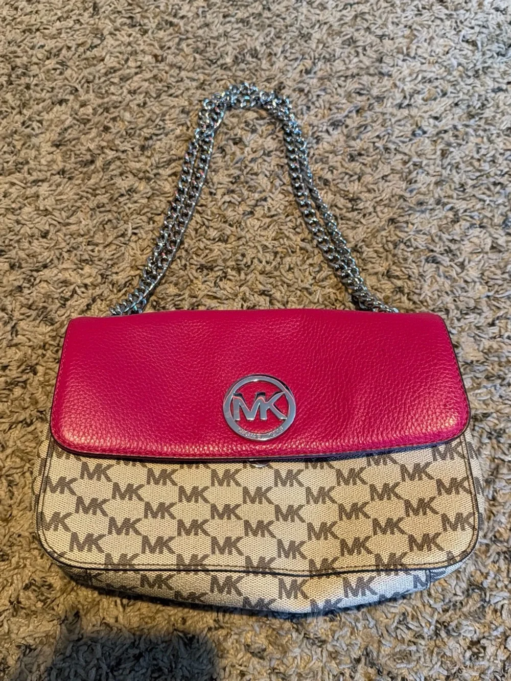 Michael Kors Hot Pink Leather Flap Monogram Chain Shoulder Bag